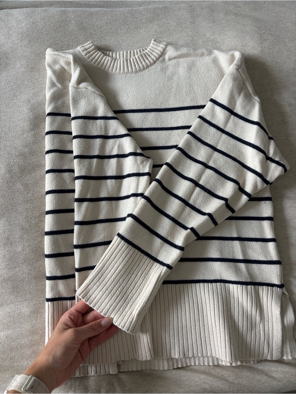 Zara Cream and Navy Striped Knit Sweater